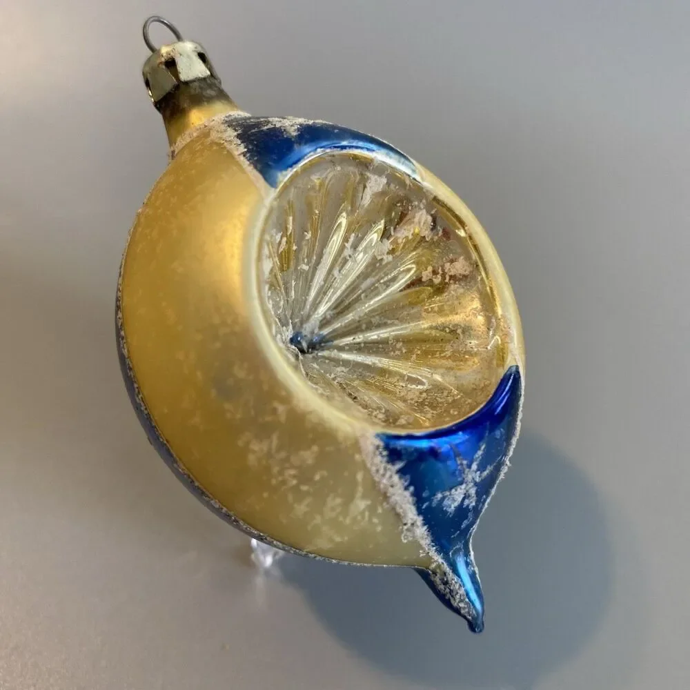Vintage Hand-Blown Glass Christmas Ornament Teardrop Deep Indent Mica Blue Ivory